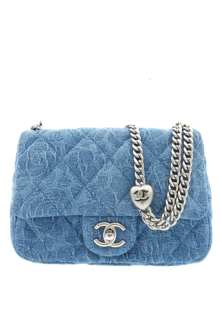 Chanel Shoulder Bag Flower Blue Silver Denim Leather Quilted Chain